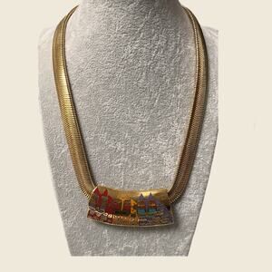 Laurel Burch Enamel Wild Cats Collar Necklace Gold Tone Signed